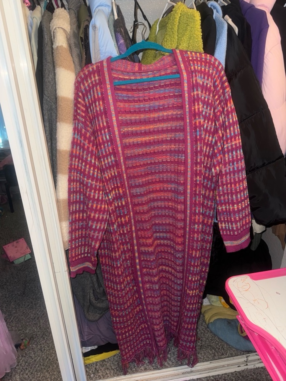 SHEIN Pink & Multicolor Long Open-Front Knit Cardigan